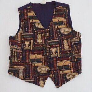 Vintage Bobbie Brooks Brown Library Books Novel Print Tapestry Patchwork Vest XL